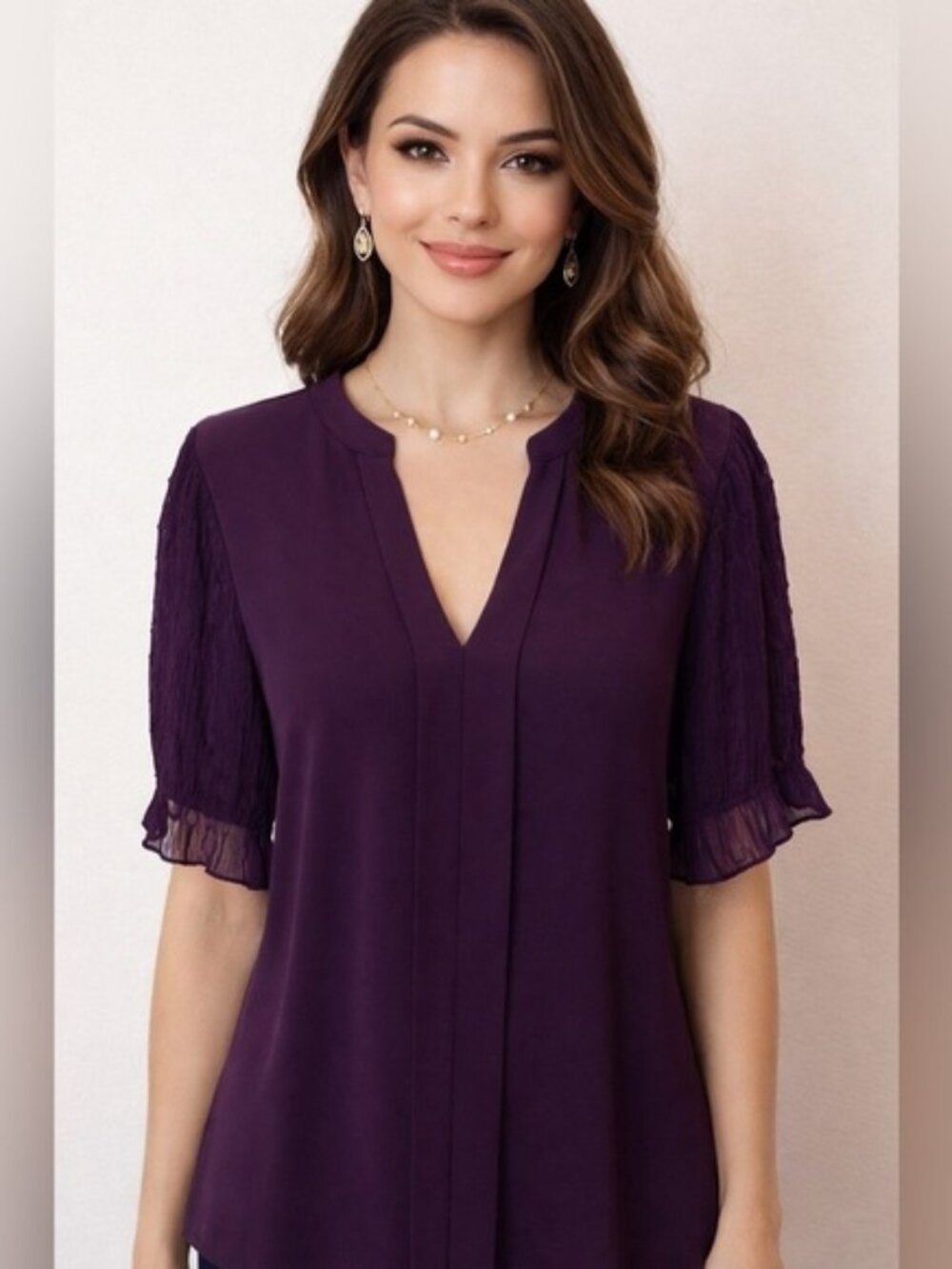 Flower & Feather Plum Purple Blouse Plus Size Short Sleeves Casual Size 3X